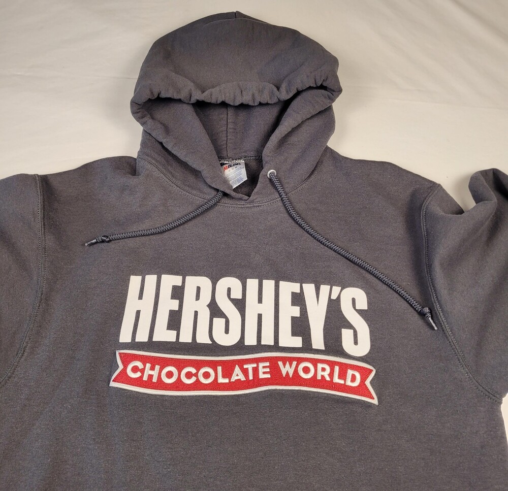 Hershey's Chocolate World Hoodie Mens Medium Gray Jerzees Pullover Sweatshirt